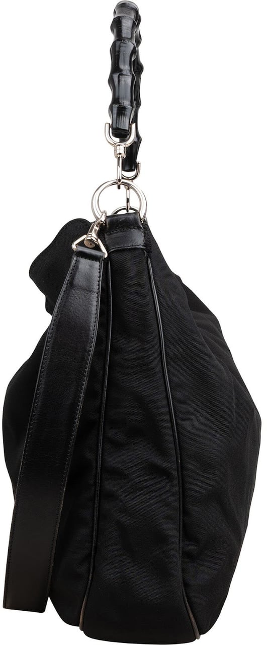 Gucci Nylon Bamboo Handle Hobo Shoulder Bag Zwart