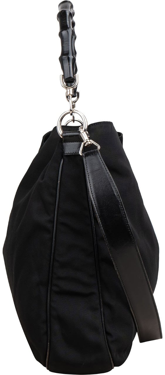 Gucci Nylon Bamboo Handle Hobo Shoulder Bag Zwart