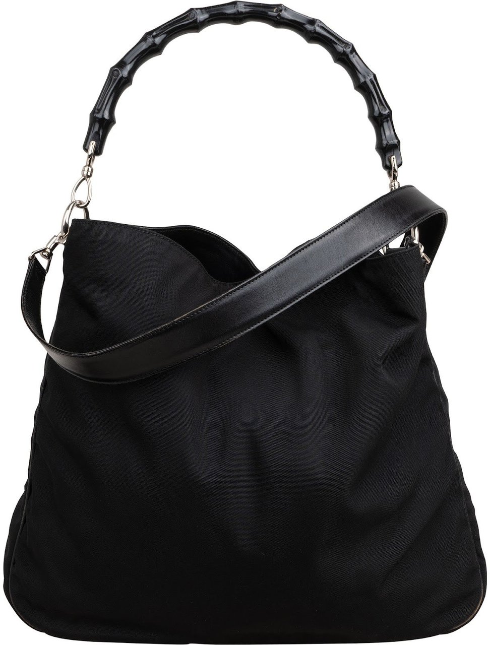 Gucci Nylon Bamboo Handle Hobo Shoulder Bag Zwart