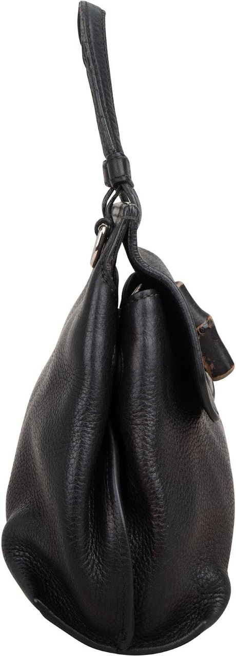 Gucci Black Pebbled Leather Bamboo Handbag Zwart