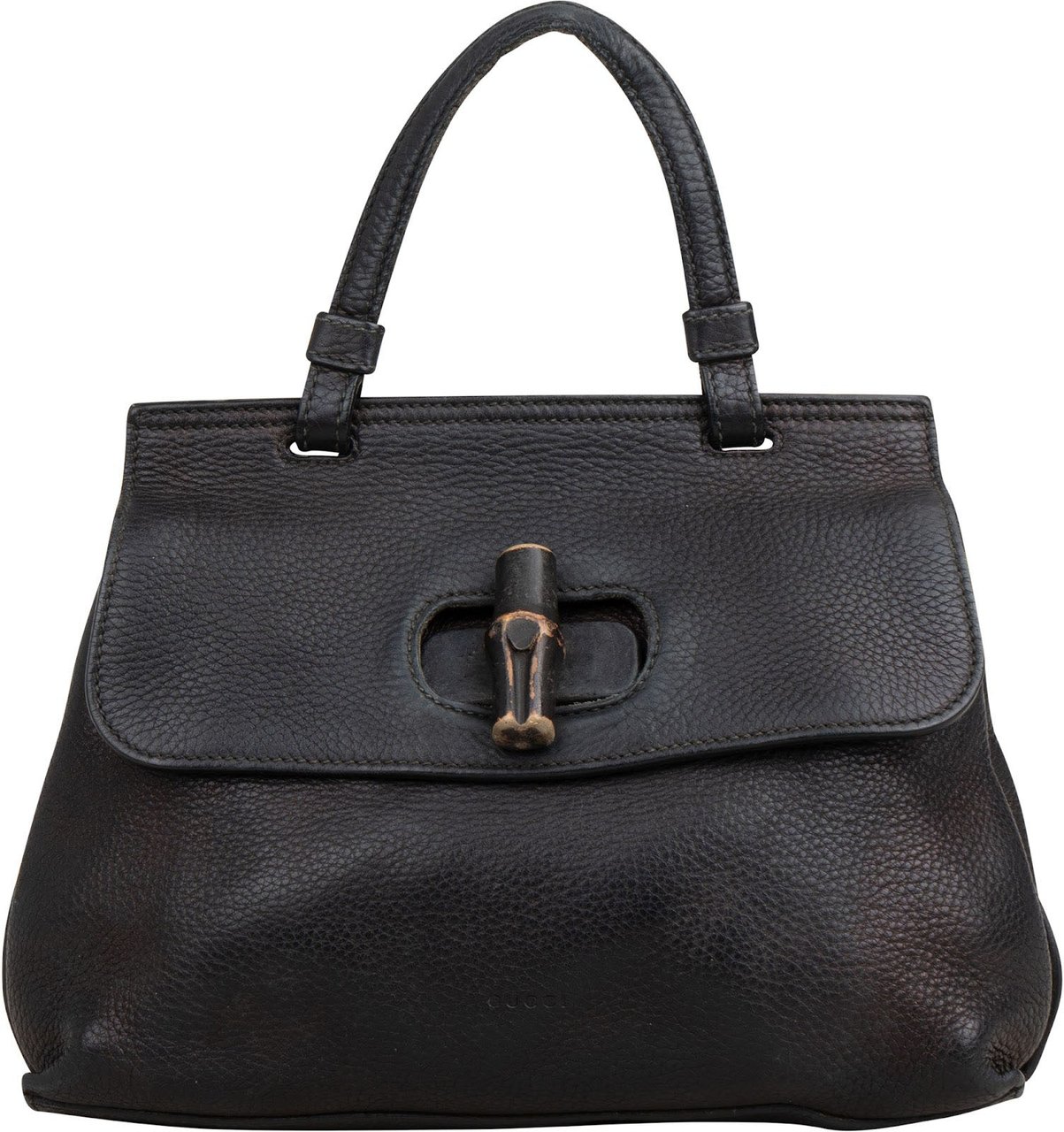 Gucci Black Pebbled Leather Bamboo Handbag Zwart