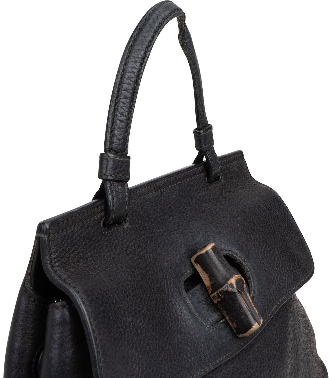 Gucci Black Pebbled Leather Bamboo Handbag Zwart