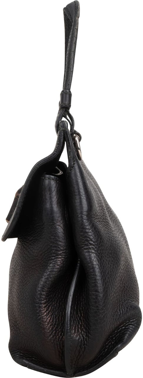 Gucci Black Pebbled Leather Bamboo Handbag Zwart