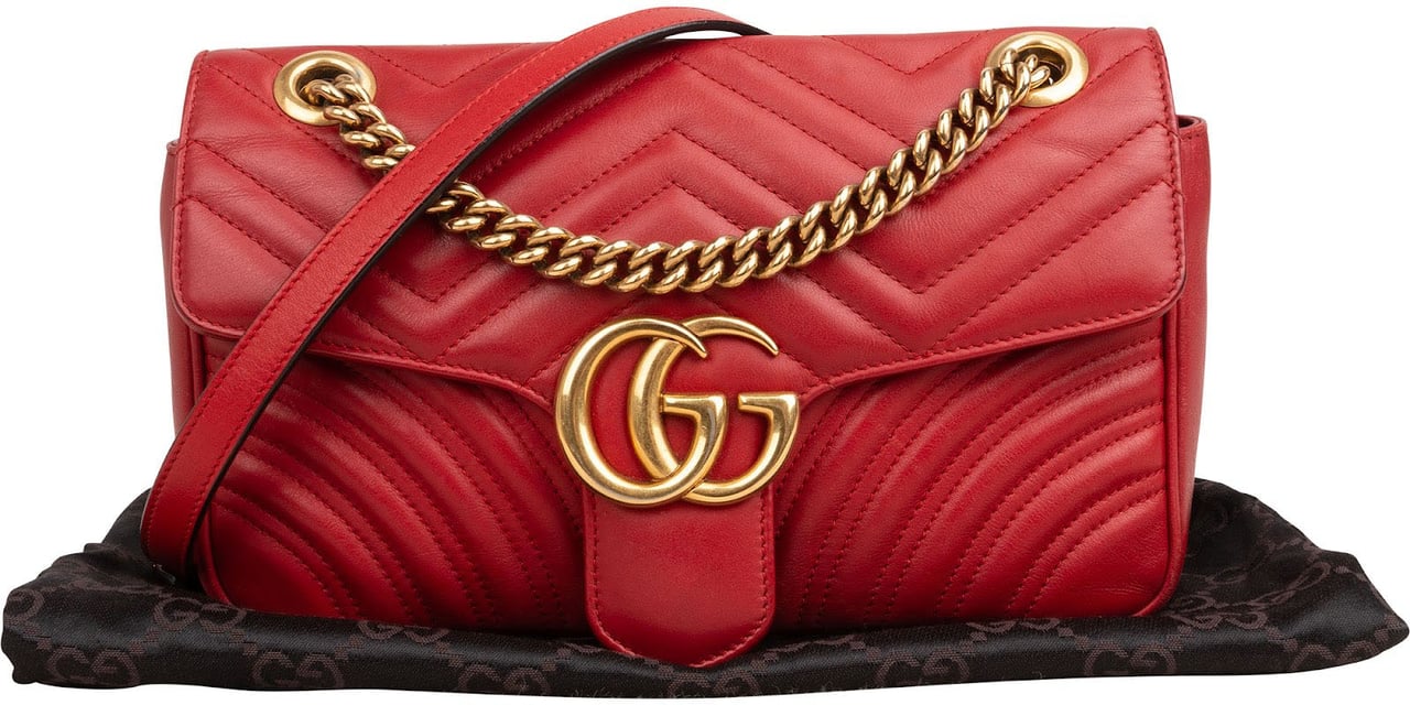 Gucci Chevron Matelassé Leather GG Marmont Medium Shoulder Crossbody Bag Rood
