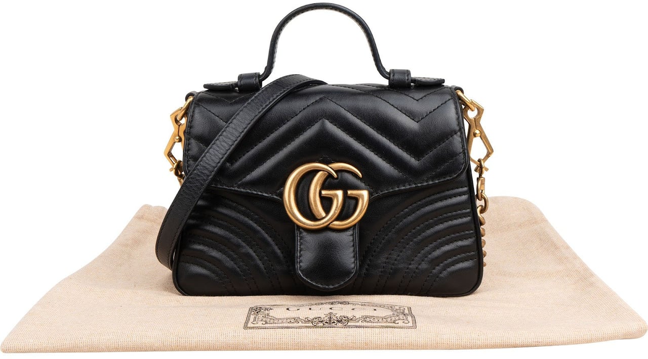 Gucci Black Leather GG Marmont Small Top Handle Handbag Zwart