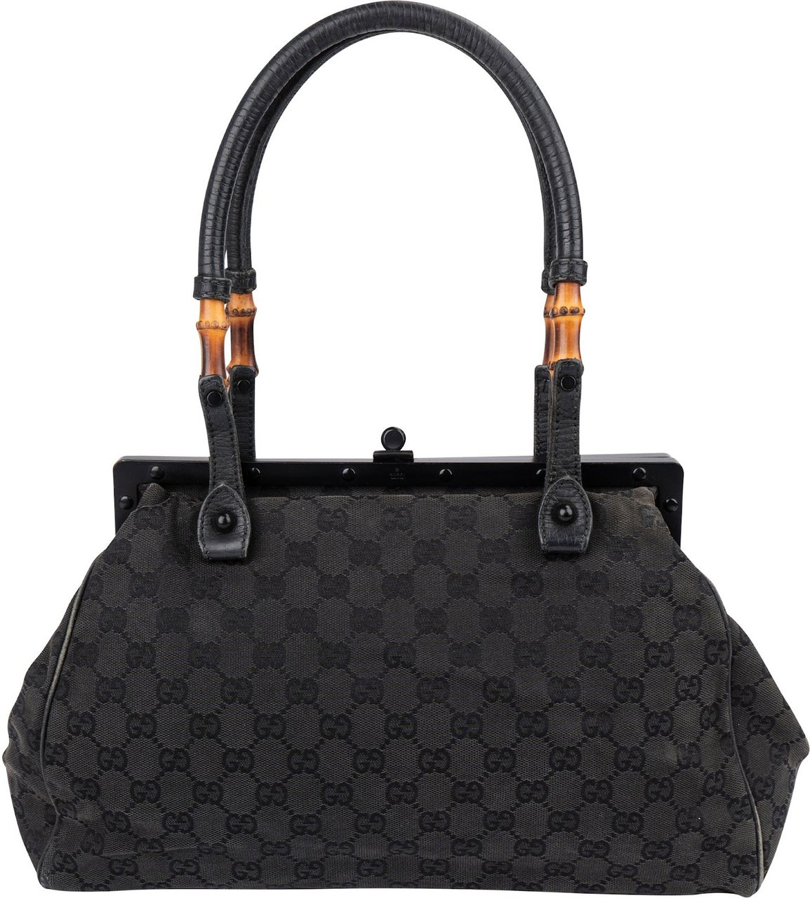 Gucci Black Leather GG Canvas Bamboo Frame Shoulder Bag Zwart