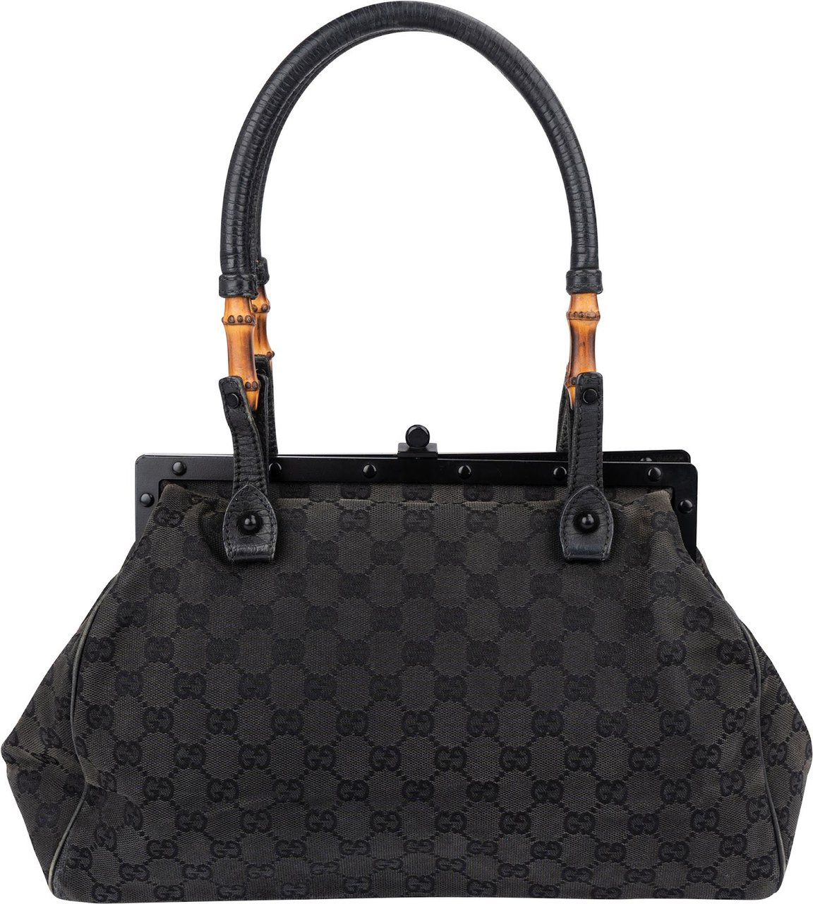 Gucci Black Leather GG Canvas Bamboo Frame Shoulder Bag Zwart