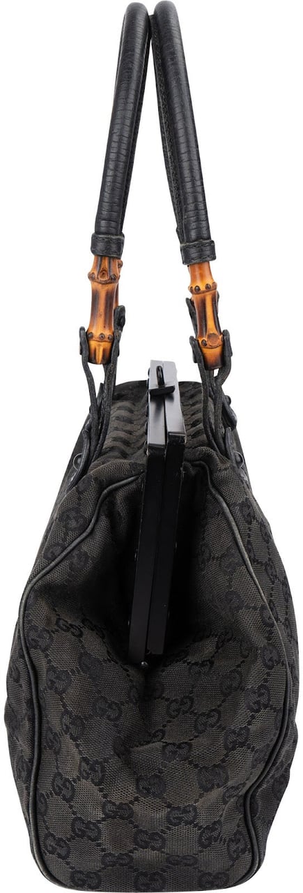 Gucci Black Leather GG Canvas Bamboo Frame Shoulder Bag Zwart