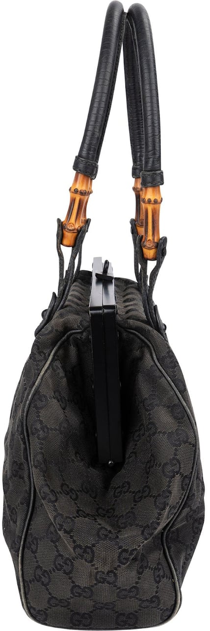 Gucci Black Leather GG Canvas Bamboo Frame Shoulder Bag Zwart