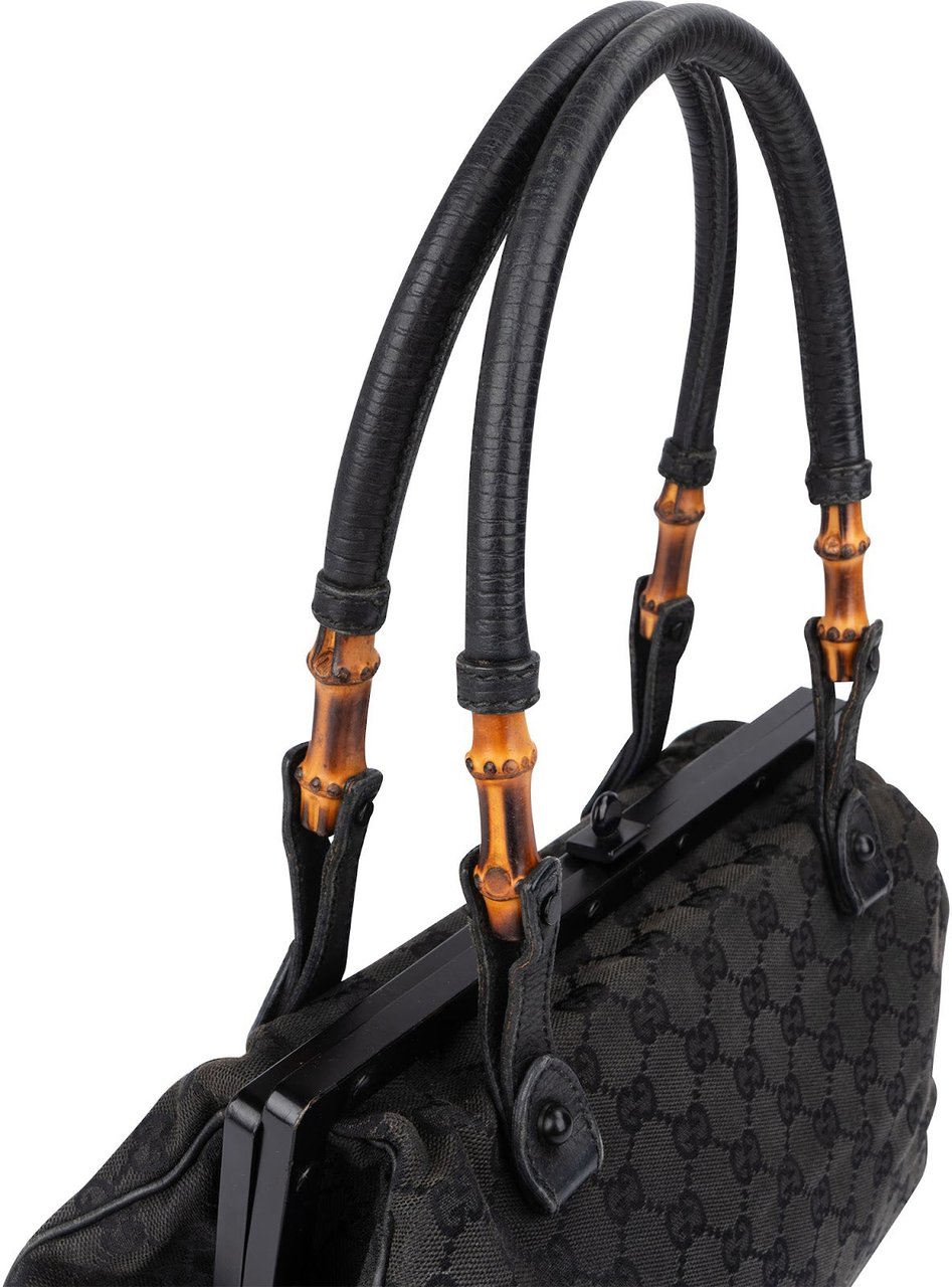 Gucci Black Leather GG Canvas Bamboo Frame Shoulder Bag Zwart