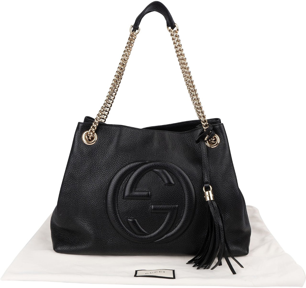 Gucci Grained Leather Soho Chain Tote Crossbody Bag Zwart