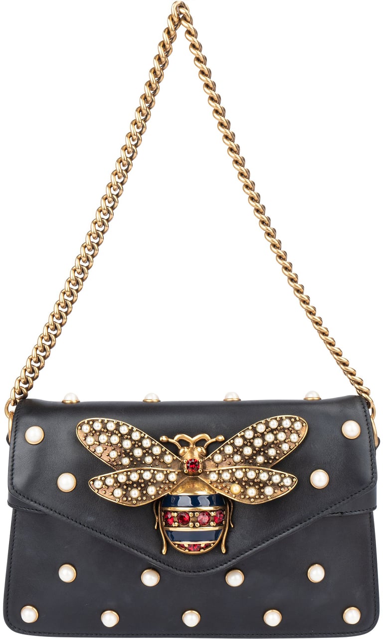Gucci Gucci Black Leather Queen Margaret Bee Shoulder Bag Zwart