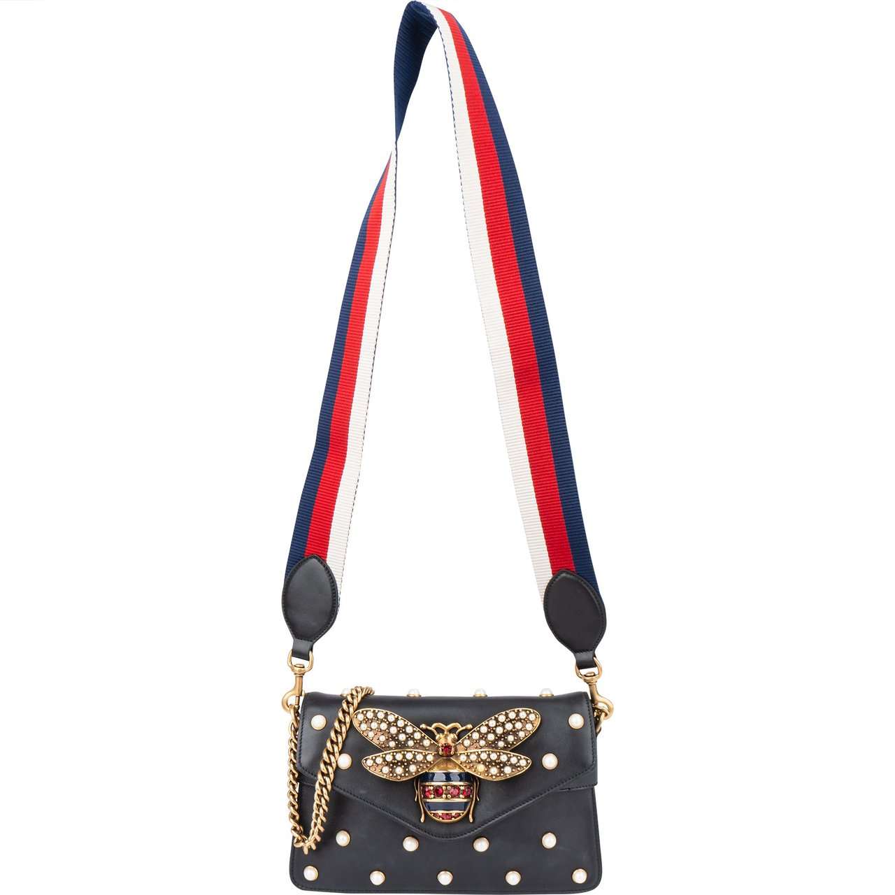 Gucci Gucci Black Leather Queen Margaret Bee Shoulder Bag Zwart