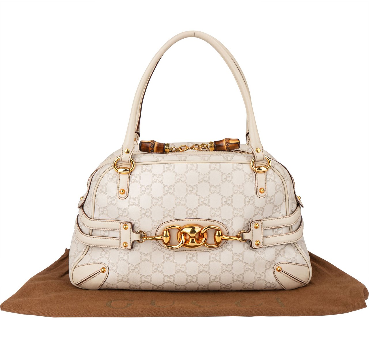 Gucci Gucci GG Leather Monogram Horsebit Handbag Wit