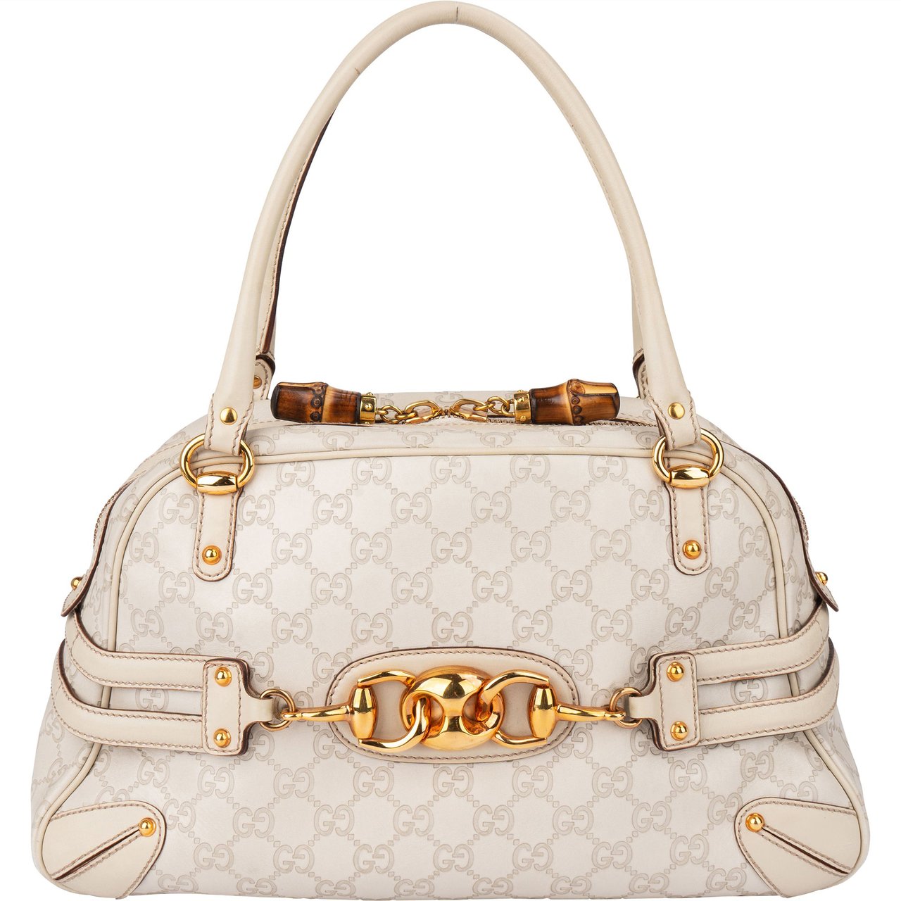 Gucci Gucci GG Leather Monogram Horsebit Handbag Wit