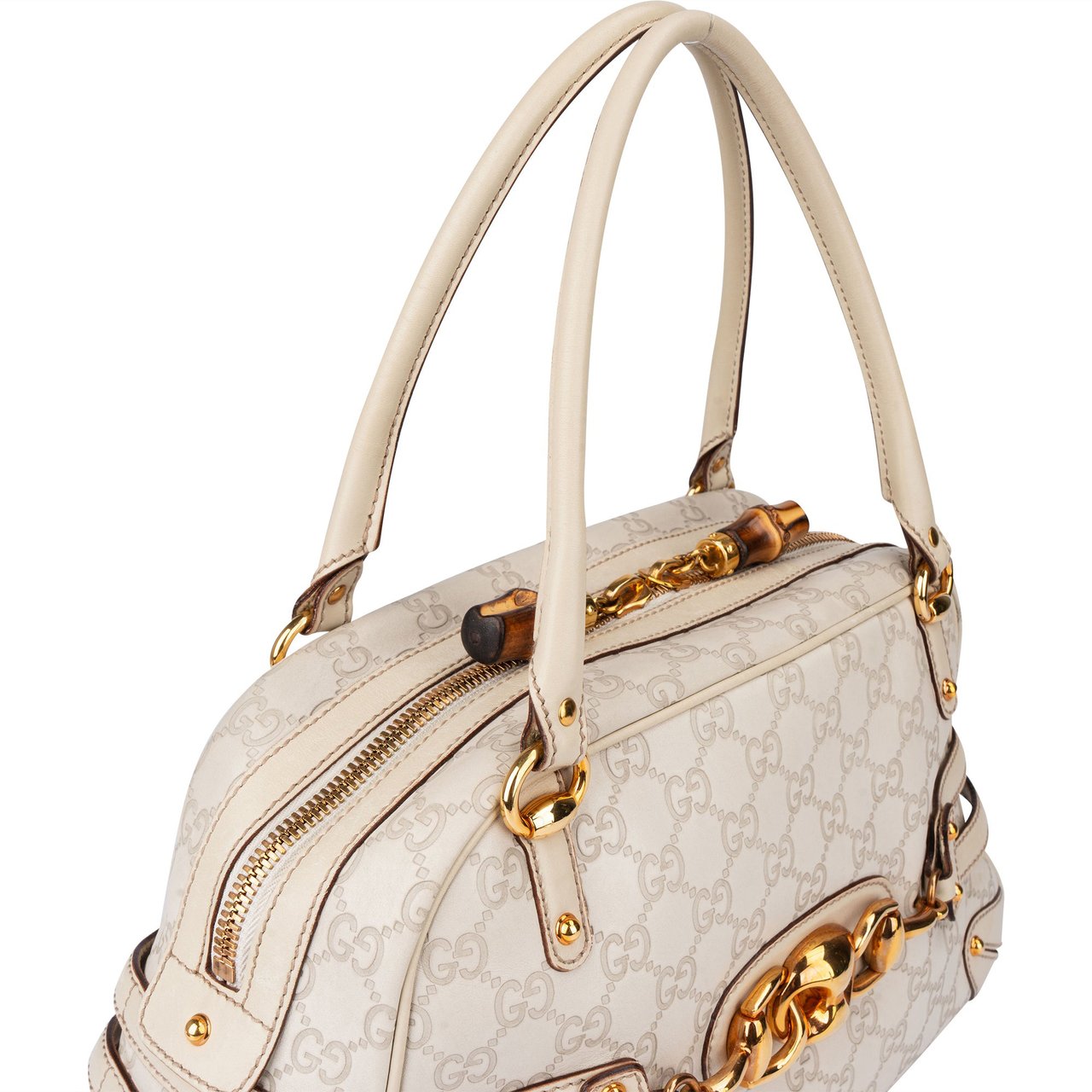 Gucci Gucci GG Leather Monogram Horsebit Handbag Wit