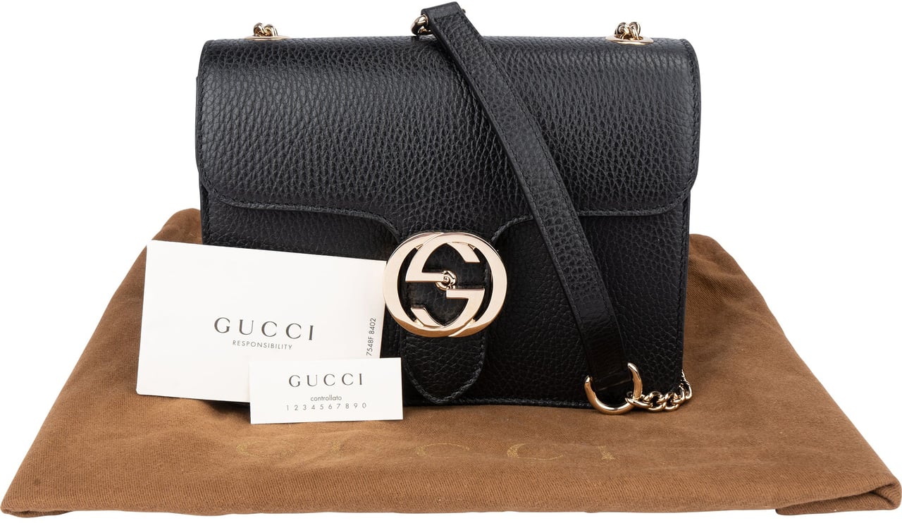 Gucci Gucci Black Leather GG Interlocking Crossbody Bag Zwart