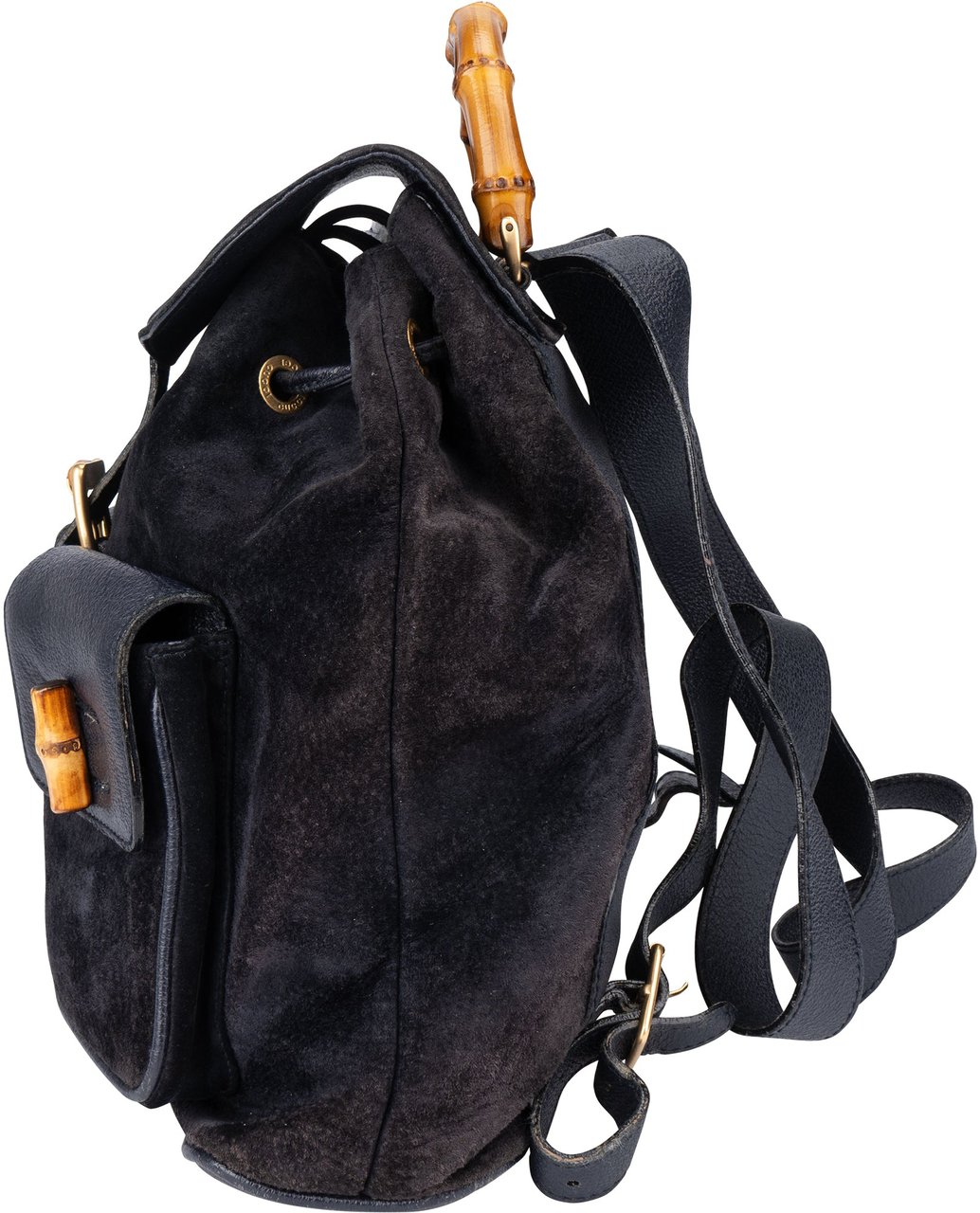 Gucci Gucci Black Suede Bamboo Backpack Zwart