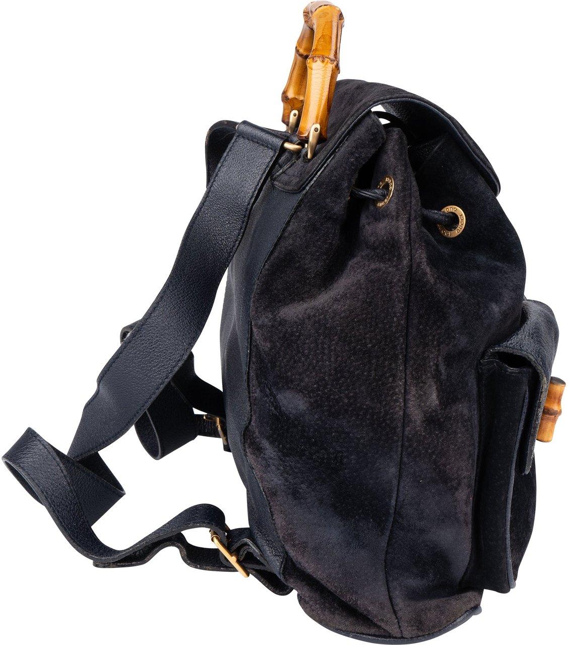 Gucci Gucci Black Suede Bamboo Backpack Zwart