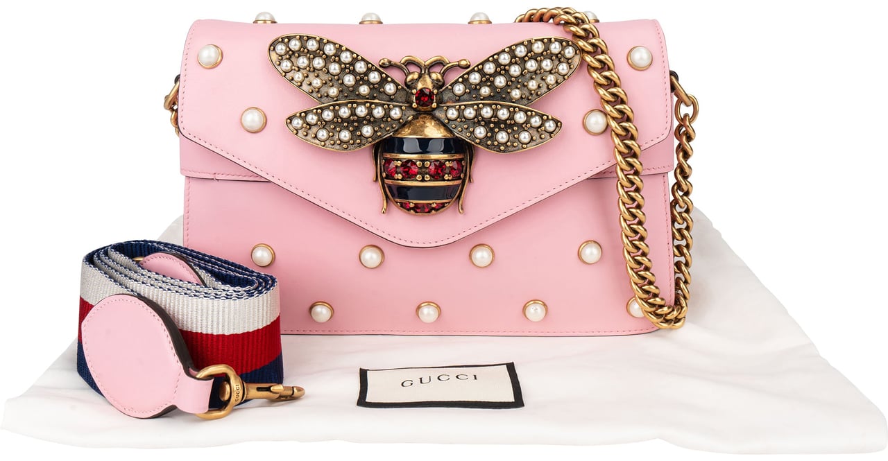 Gucci Gucci Pink Leather Queen Margaret Bee Crossbody Bag Roze