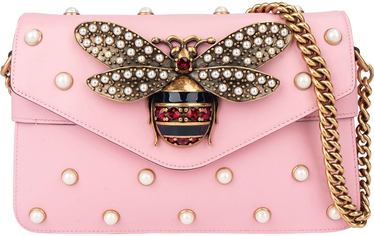 Gucci Gucci Pink Leather Queen Margaret Bee Crossbody Bag Roze