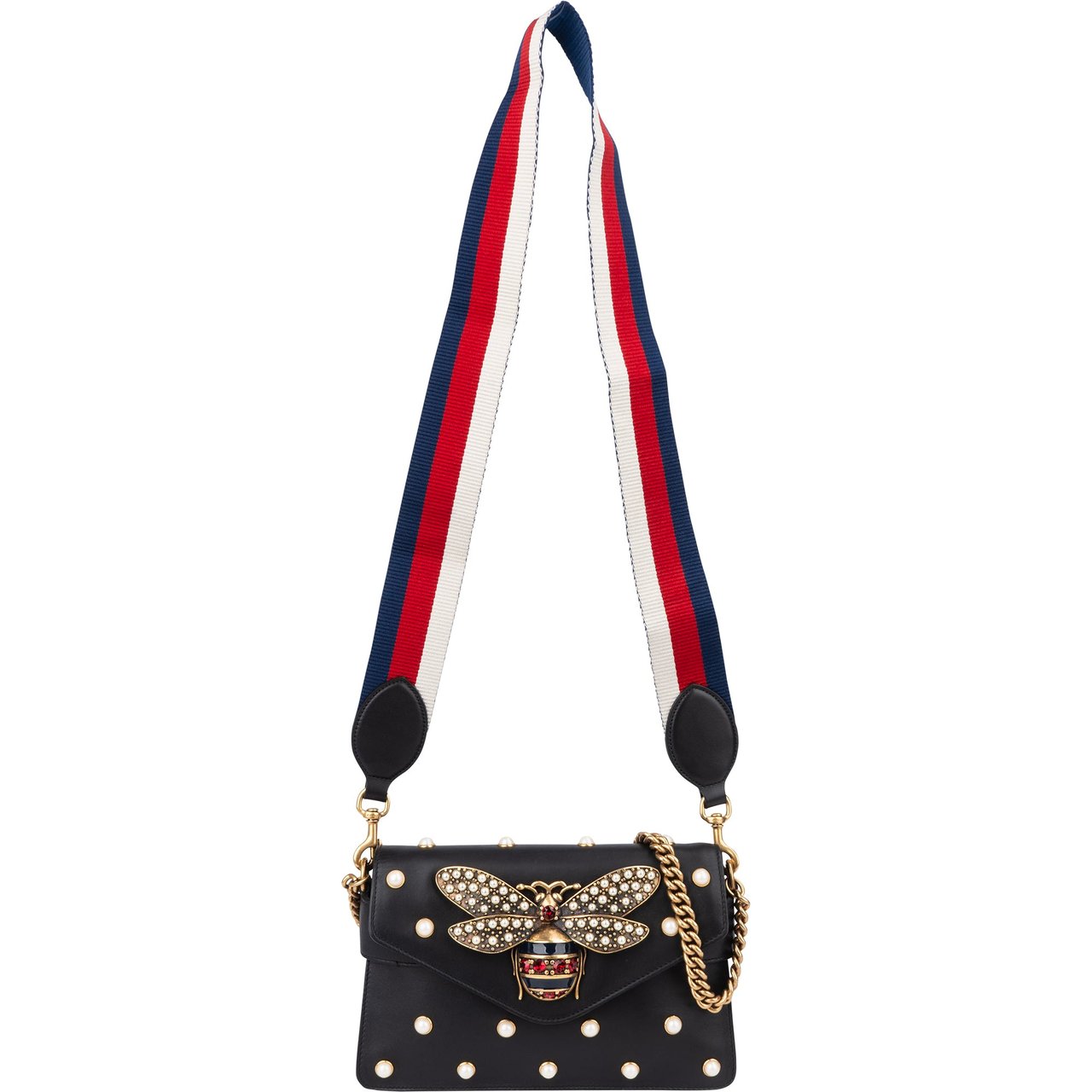 Gucci Gucci Black Leather Queen Margret Bee Crossbody Bag Zwart