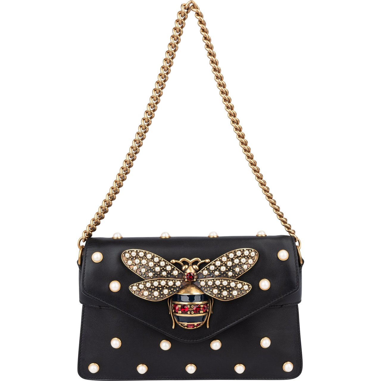 Gucci Gucci Black Leather Queen Margret Bee Crossbody Bag Zwart
