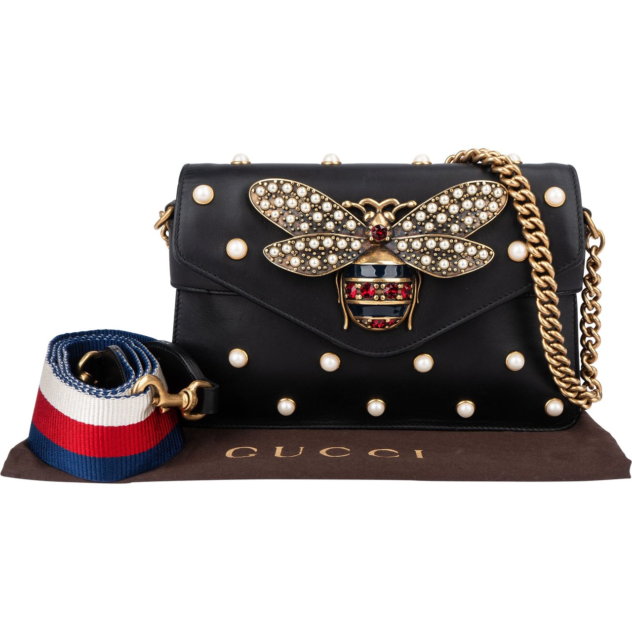 Gucci Gucci Black Leather Queen Margret Bee Crossbody Bag Zwart