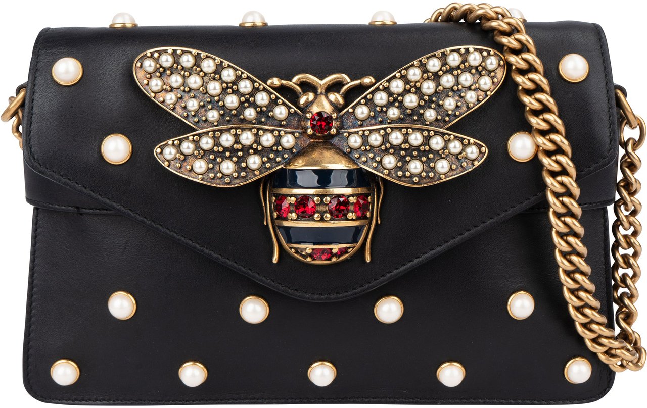 Gucci Gucci Black Leather Queen Margret Bee Crossbody Bag Zwart
