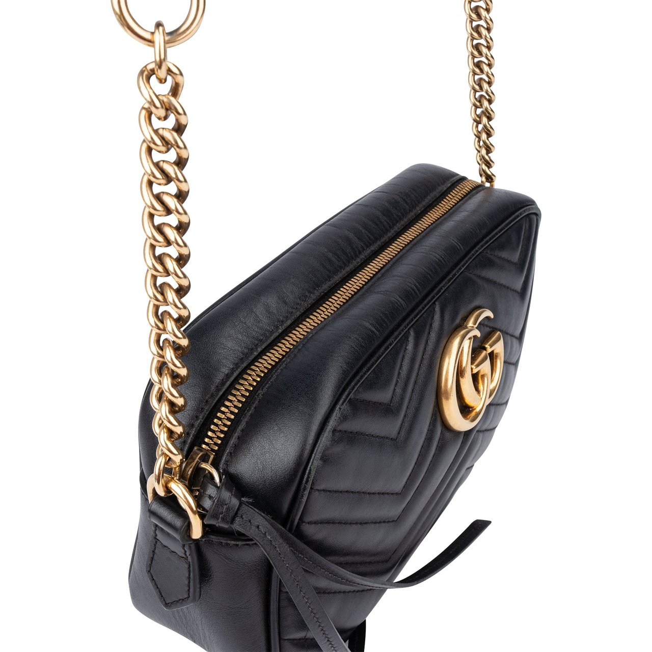 Gucci Gucci Chevron Leather GG Marmont Crossbody Bag Zwart