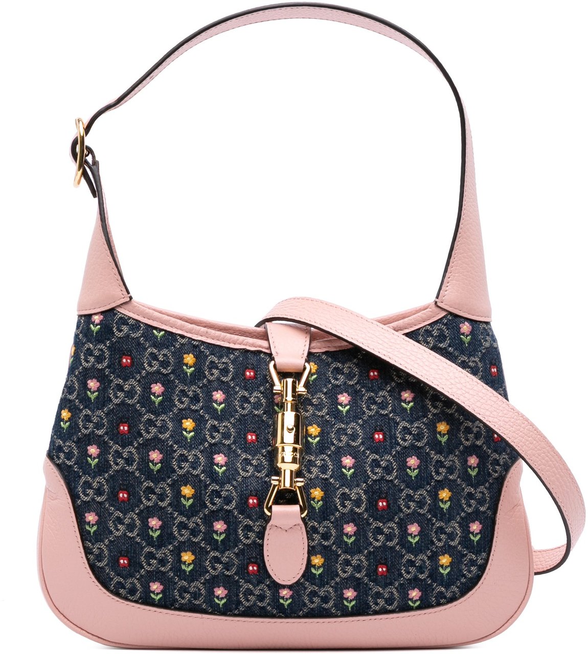 Gucci Limited Edition Small GG Embroidered Denim Floral Jackie 1961 Crossbody Blauw