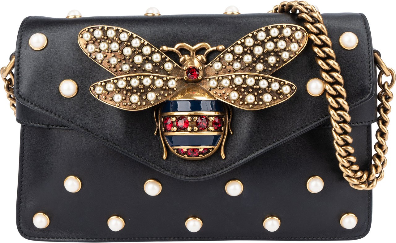 Gucci Gucci Black Leather Queen Margaret Bee Shoulder Bag Zwart