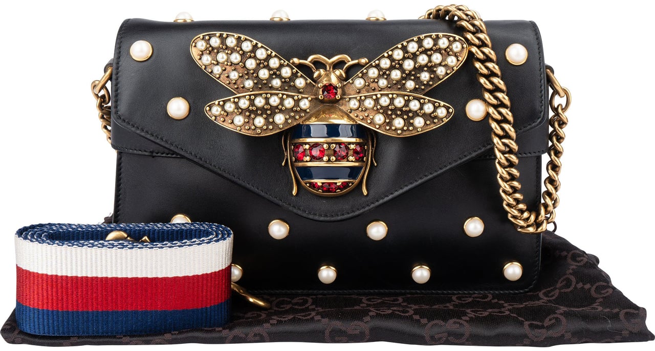 Gucci Gucci Black Leather Queen Margaret Bee Shoulder Bag Zwart