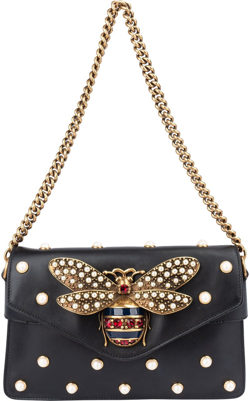 Gucci Gucci Black Leather Queen Margaret Bee Shoulder Bag Zwart