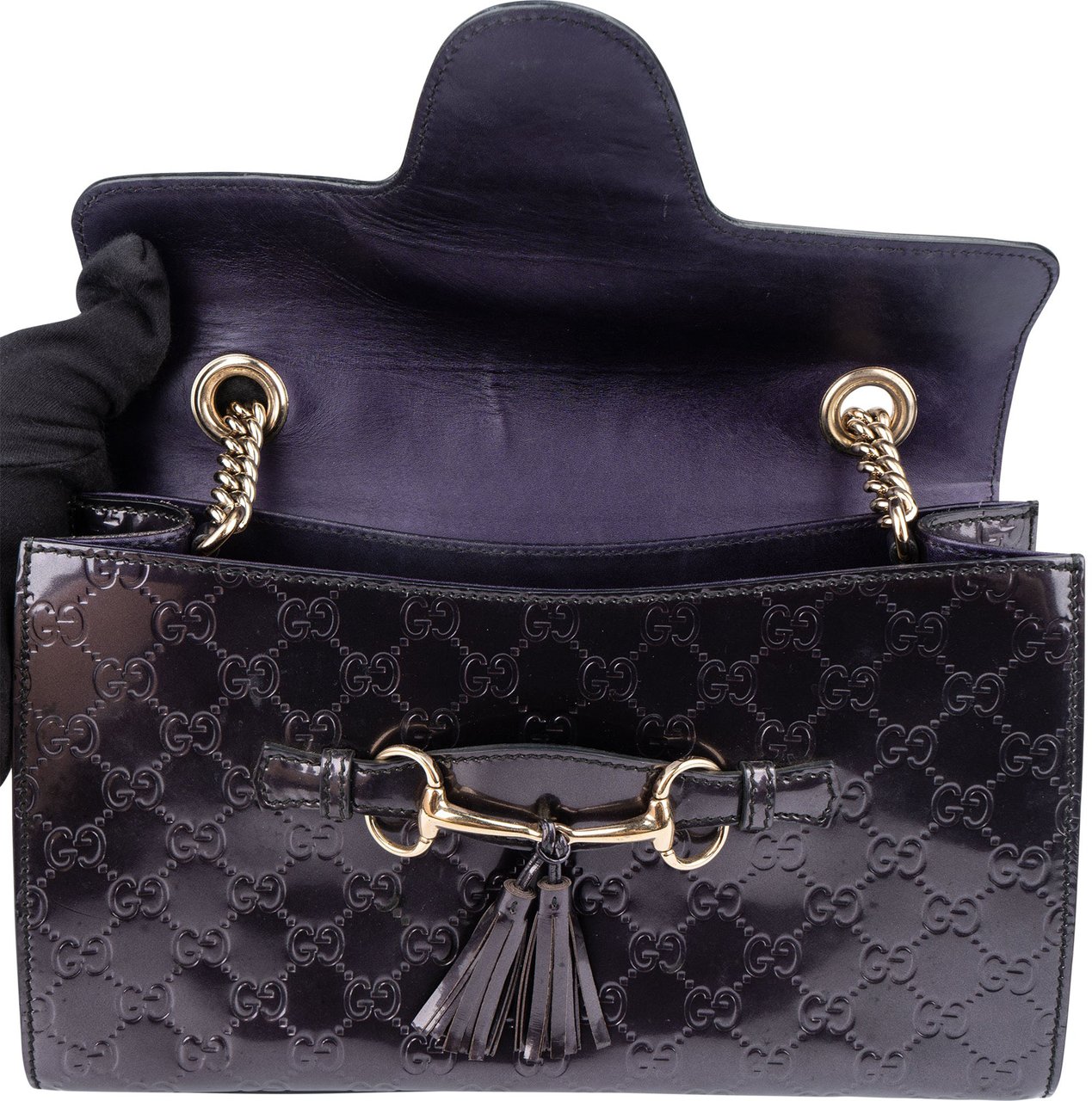Gucci Gucci Patent Leather GG Monogram Horsebit Emily Shoulder Bag Paars