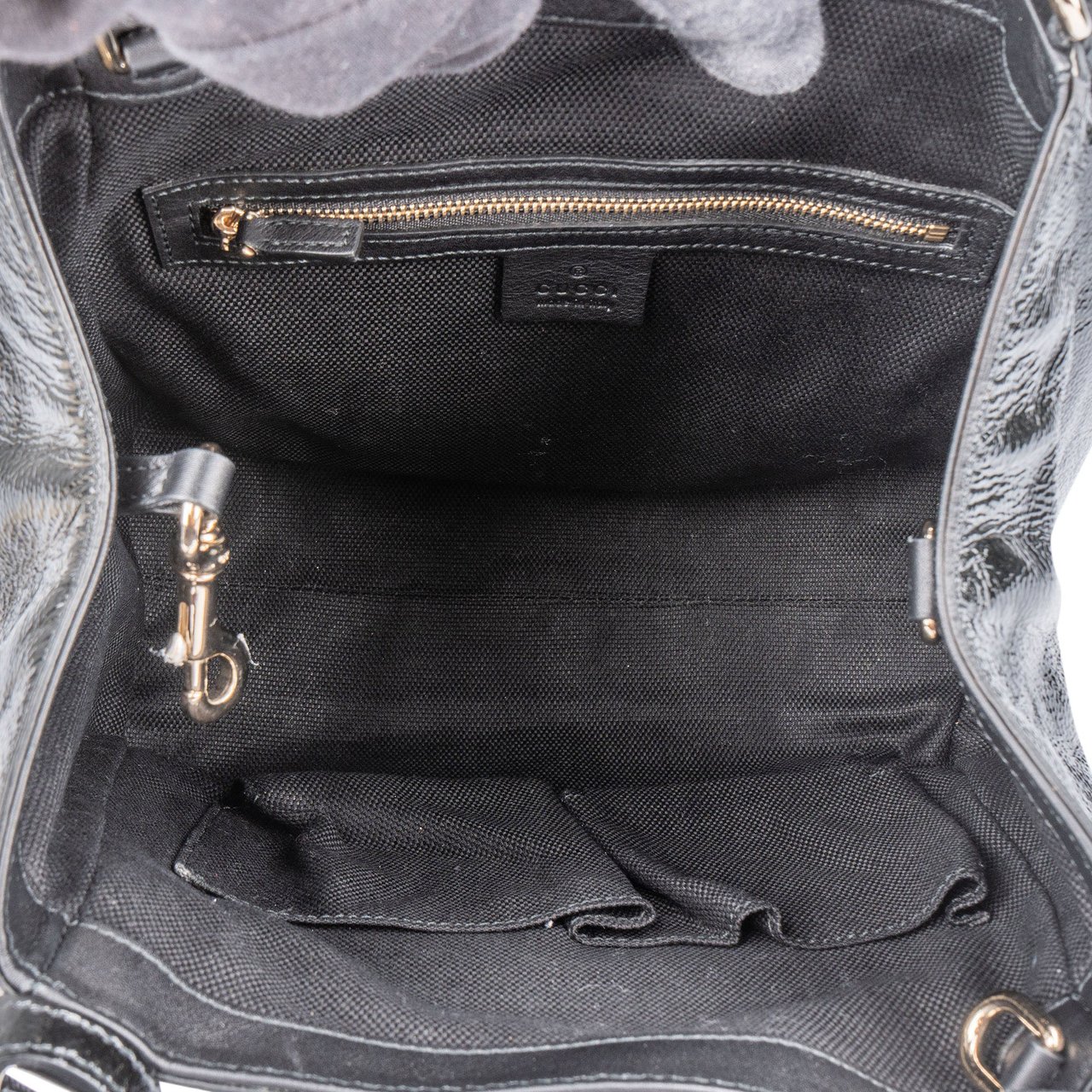 Gucci Gucci Black Patent Leather GG Soho Handbag Zwart