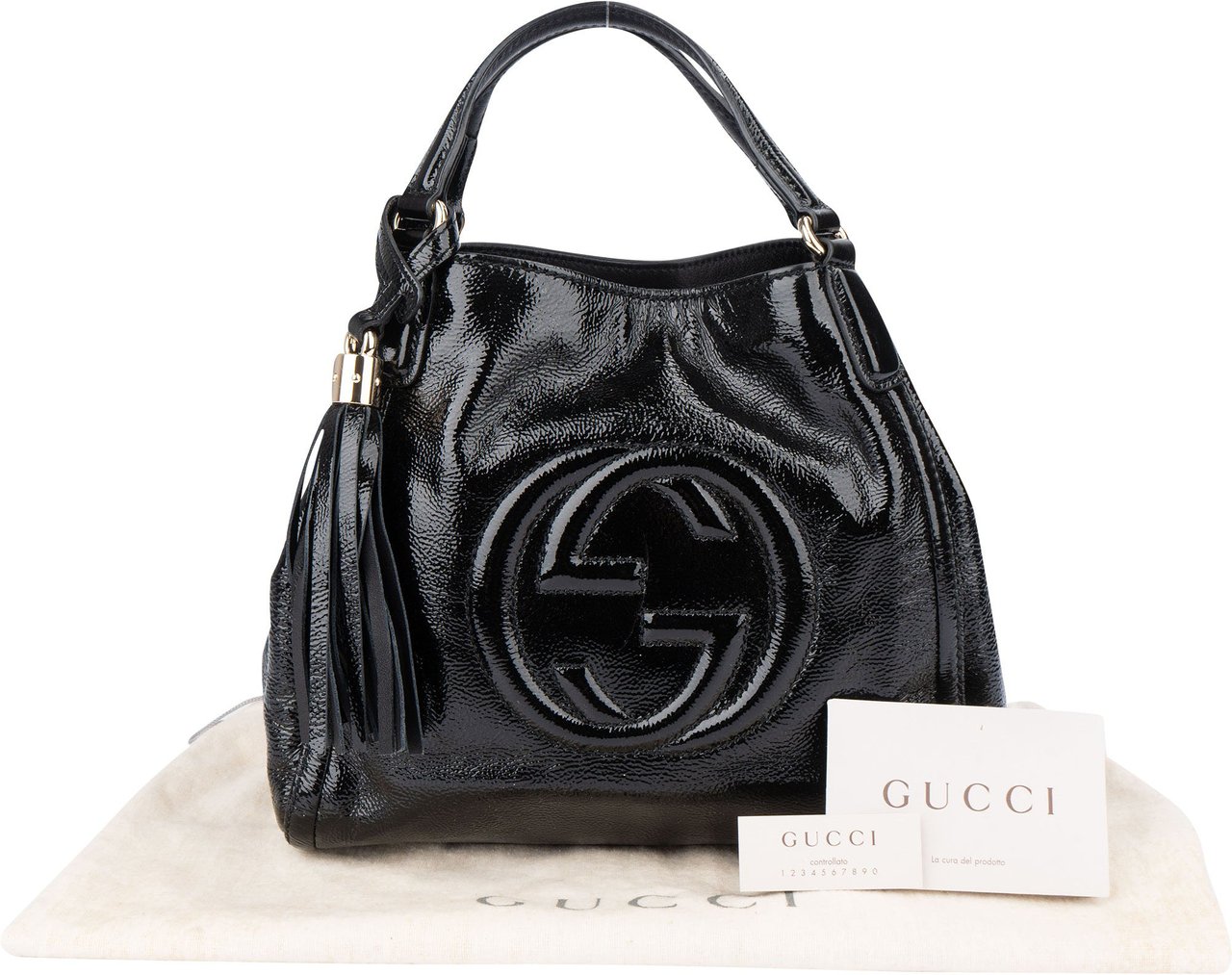 Gucci Gucci Black Patent Leather GG Soho Handbag Zwart
