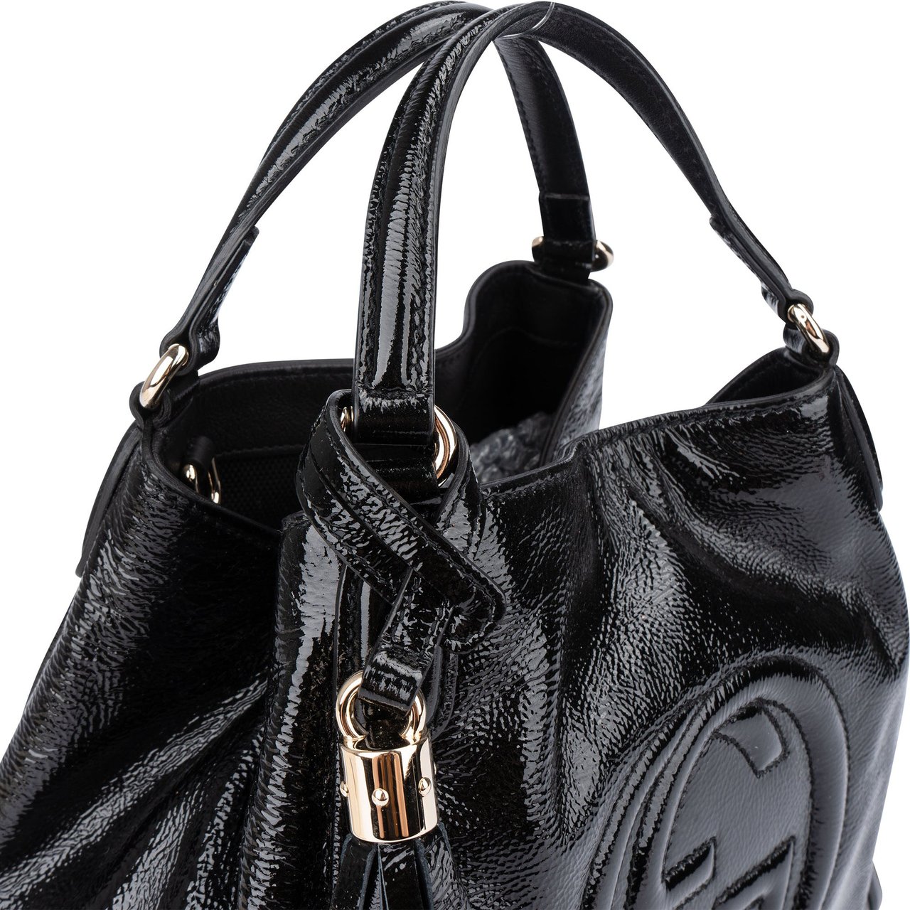 Gucci Gucci Black Patent Leather GG Soho Handbag Zwart