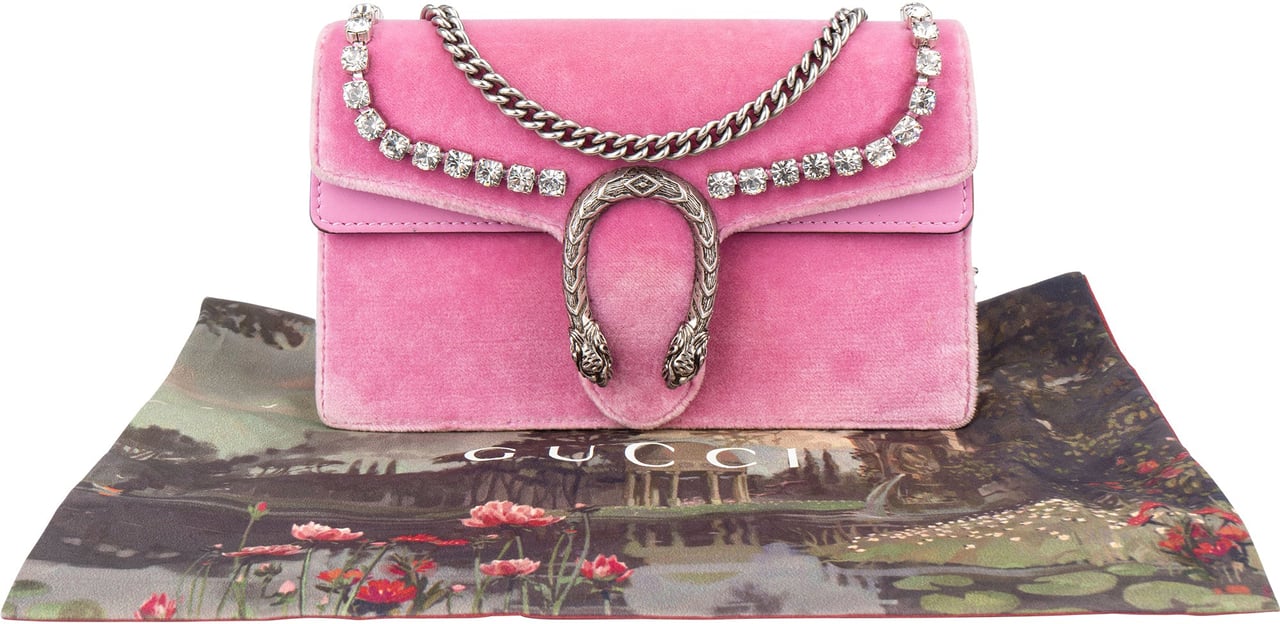 Gucci Gucci Pink Velvet Crystal Mini Dionysus Crossbody Bag Roze