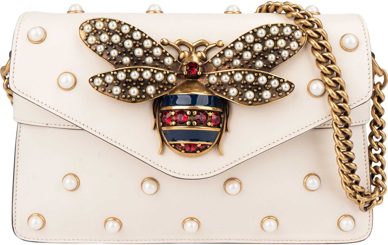 Gucci White Leather Queen Margaret Bee Shoulder Bag Wit