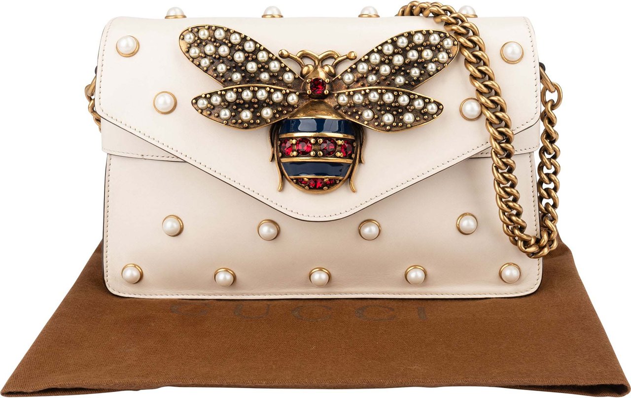 Gucci White Leather Queen Margaret Bee Shoulder Bag Wit