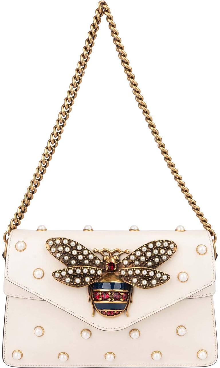 Gucci White Leather Queen Margaret Bee Shoulder Bag Wit