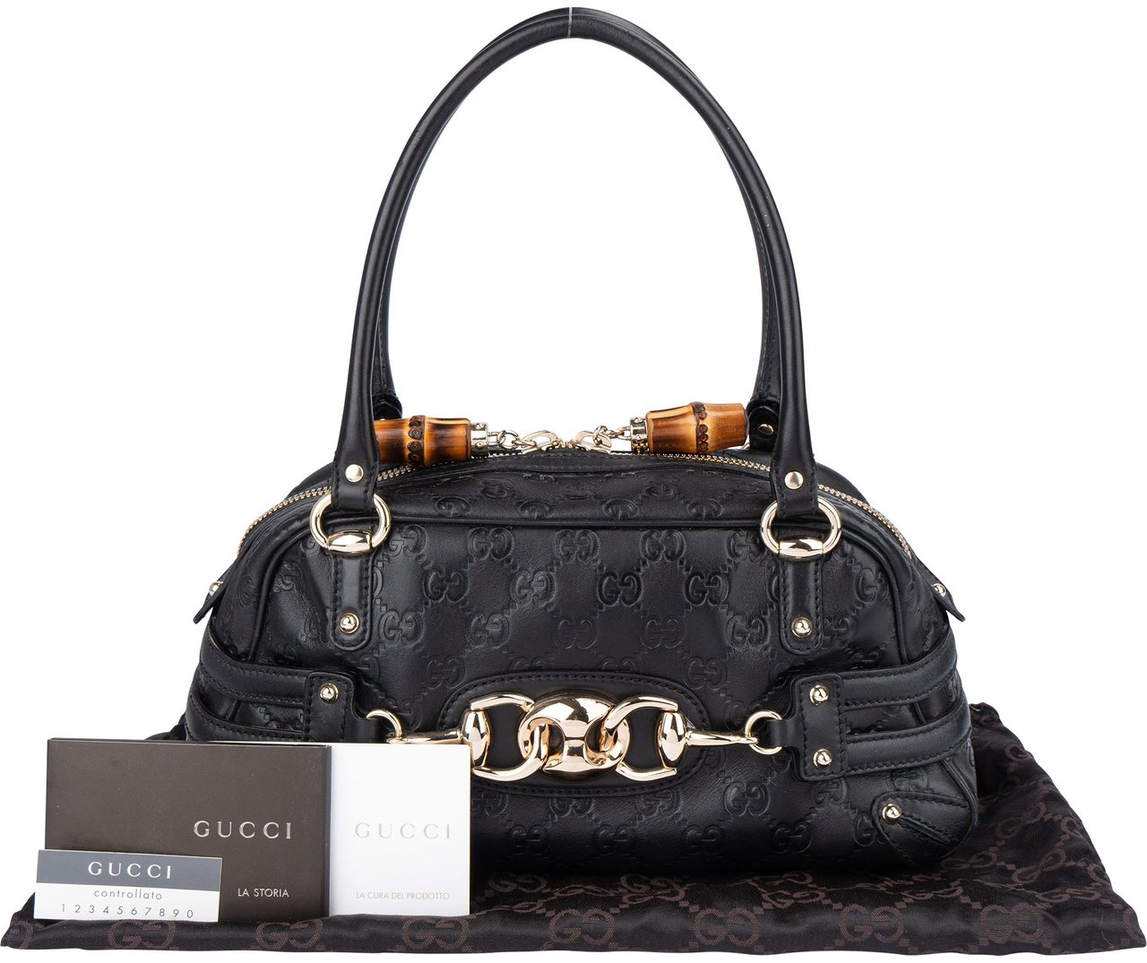 Gucci Gucci Black Leather GG Monogram Horsebit Handbag Divers