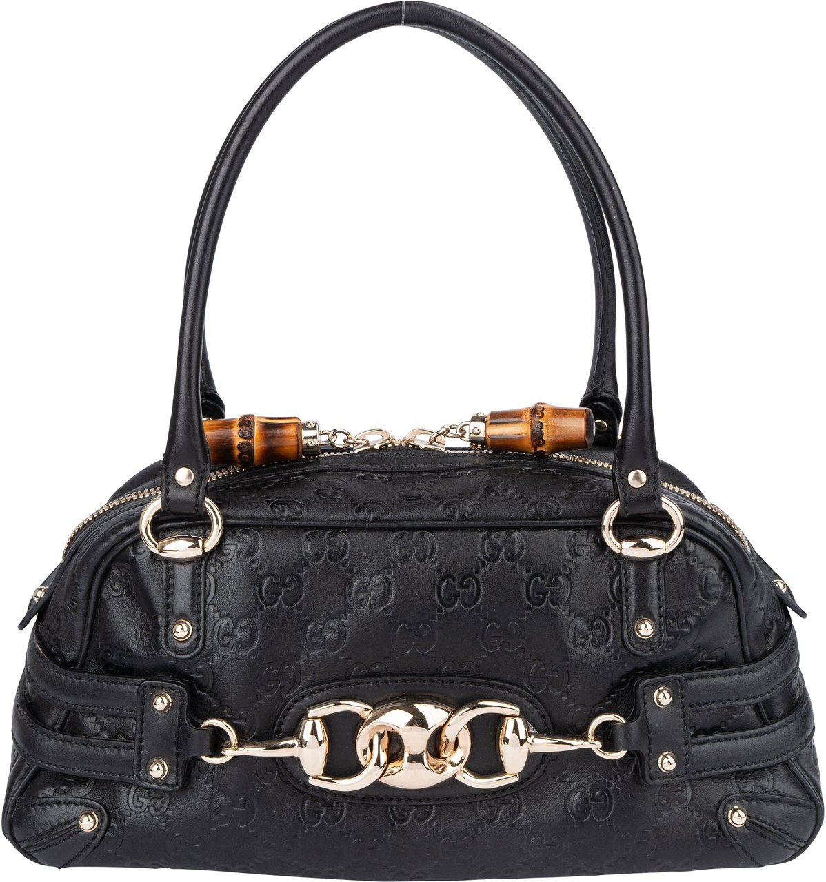 Gucci Gucci Black Leather GG Monogram Horsebit Handbag Divers