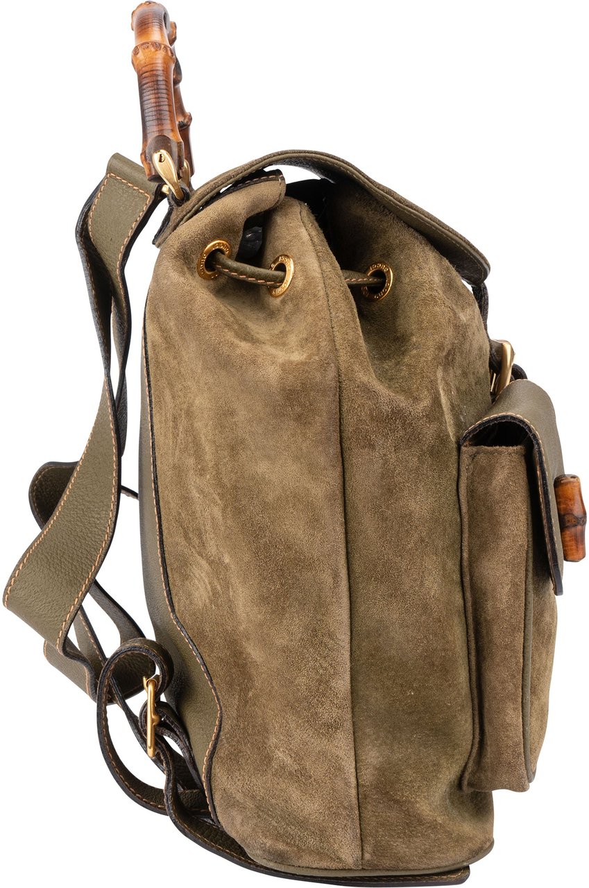 Gucci Gucci Suede Monogram Bamboo Backpack Groen