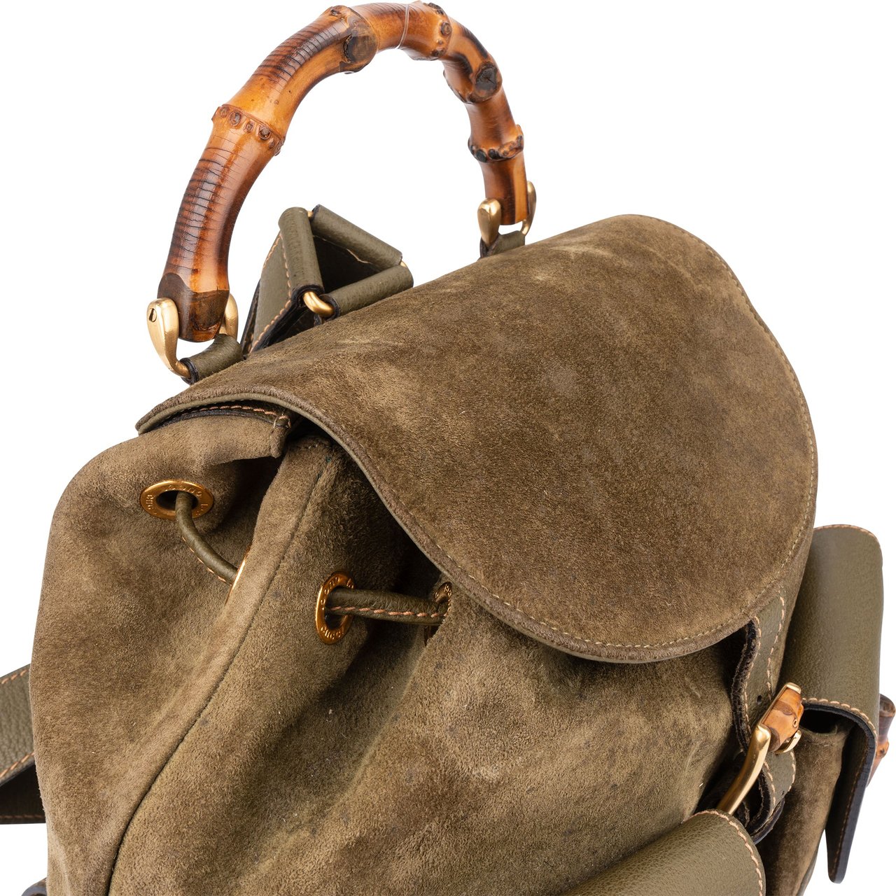 Gucci Gucci Suede Monogram Bamboo Backpack Groen