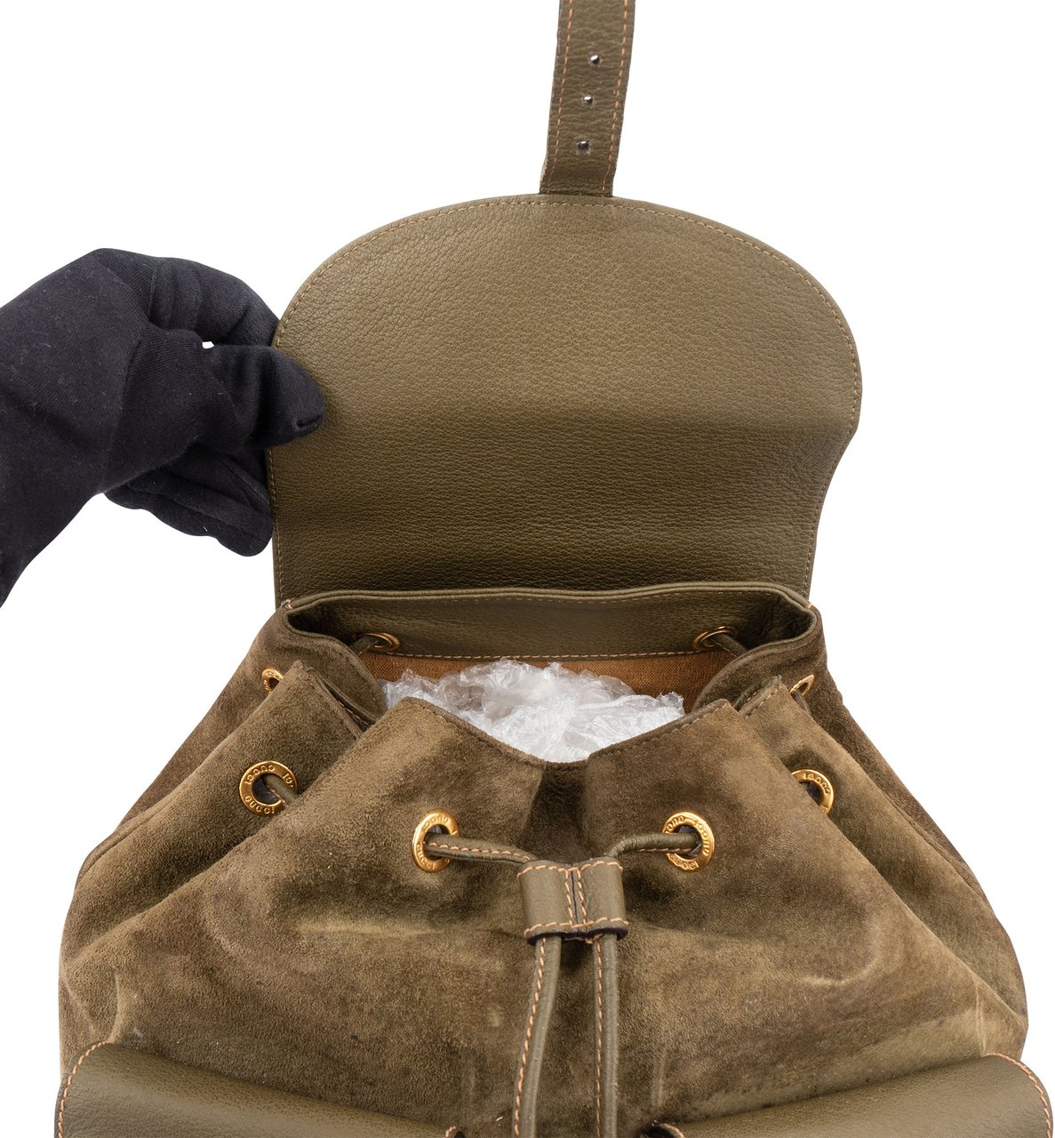 Gucci Gucci Suede Monogram Bamboo Backpack Groen