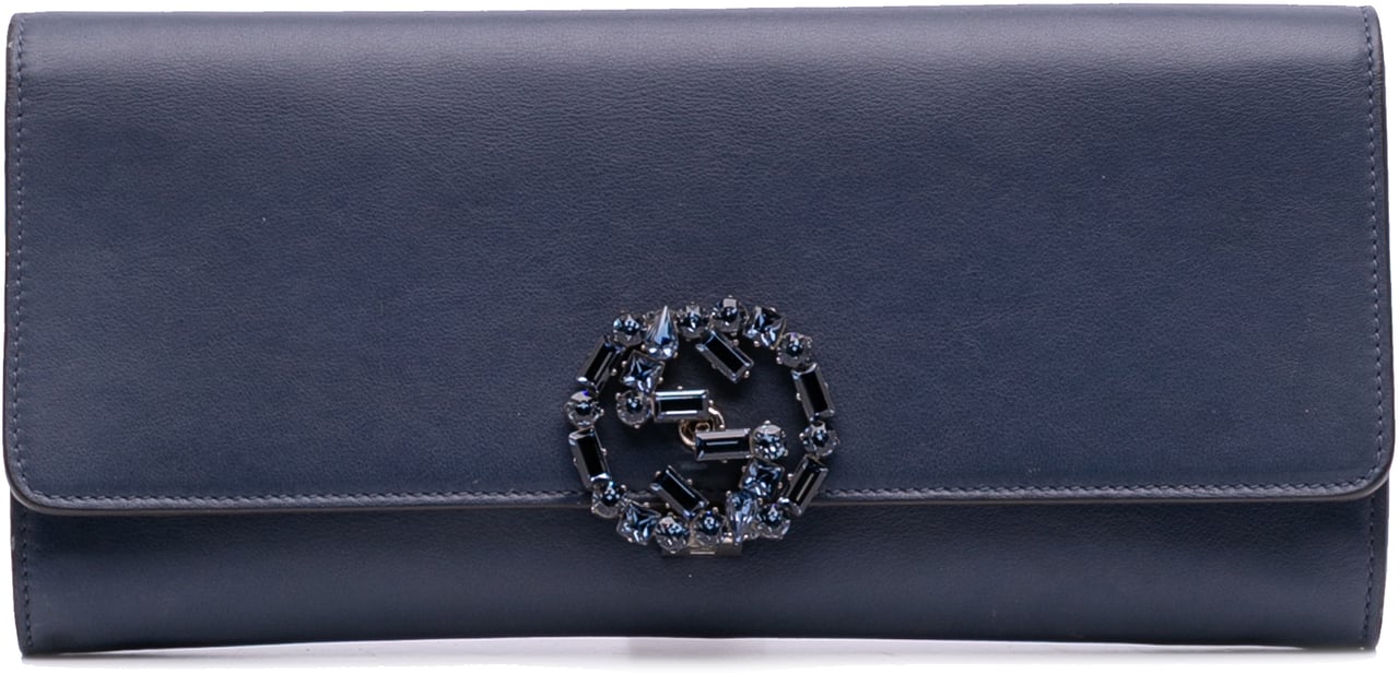Gucci Calfskin Crystal Broadway Clutch Blauw