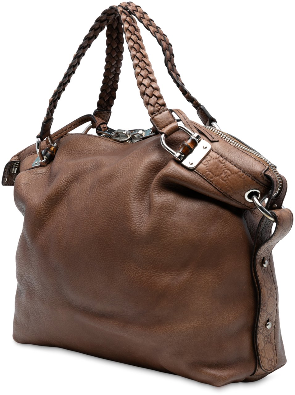 Gucci Large Leather Bamboo Bar Tote Bruin