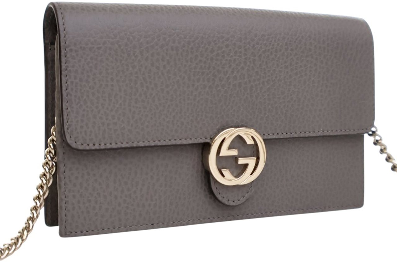 Gucci Leather Interlocking G Dollar Wallet on Chain Grijs
